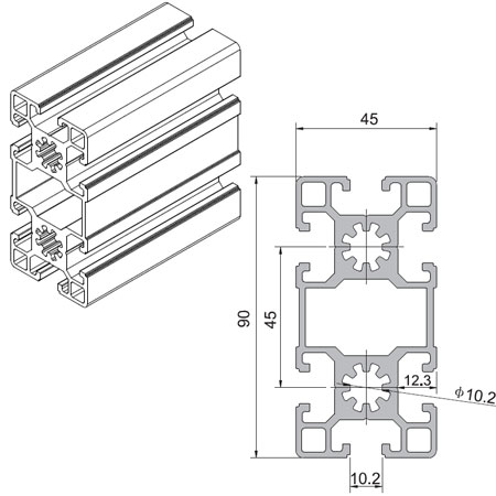 Profilé aluminium standard Section : 45 x 32 mm : 